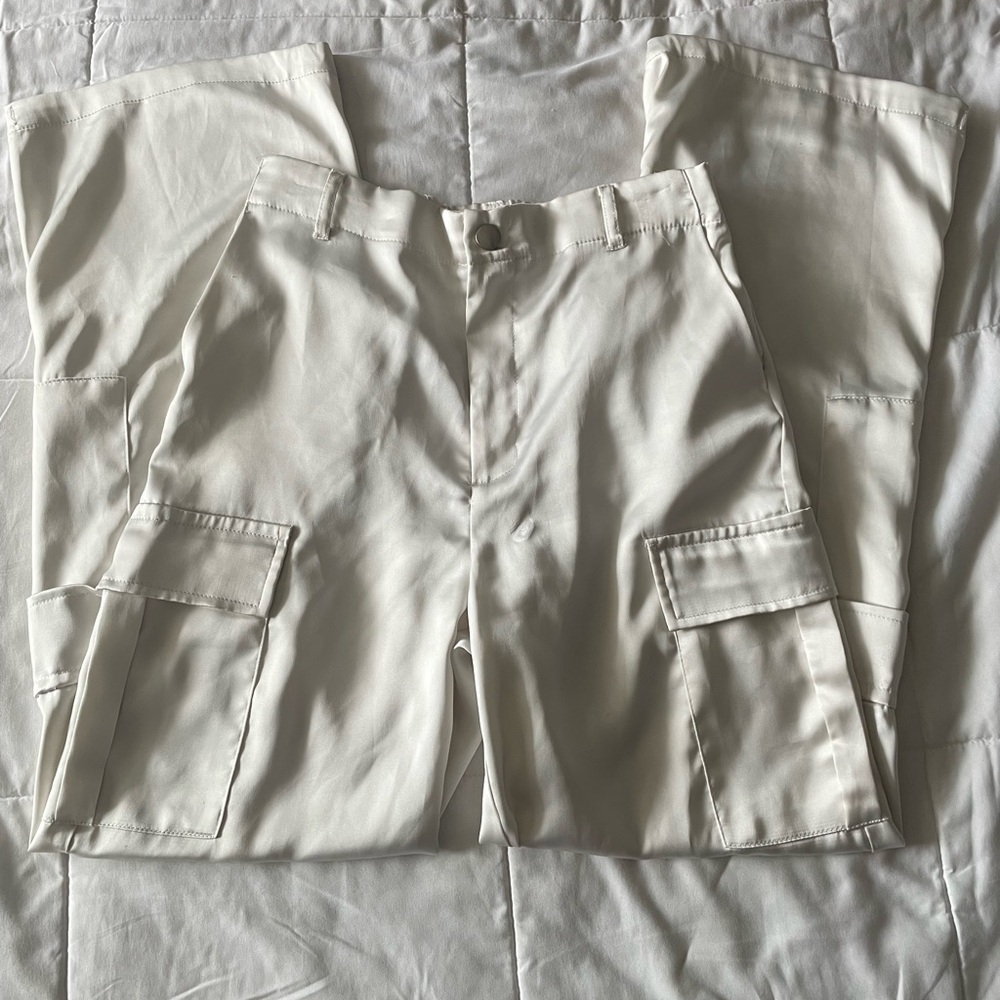 White Satin Cargo Pants